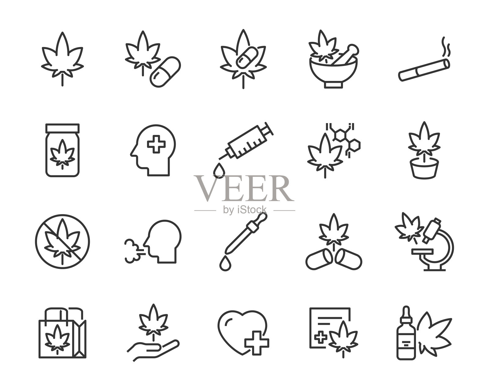 一套大麻图标，油提取，大麻治疗，药物插画图片素材