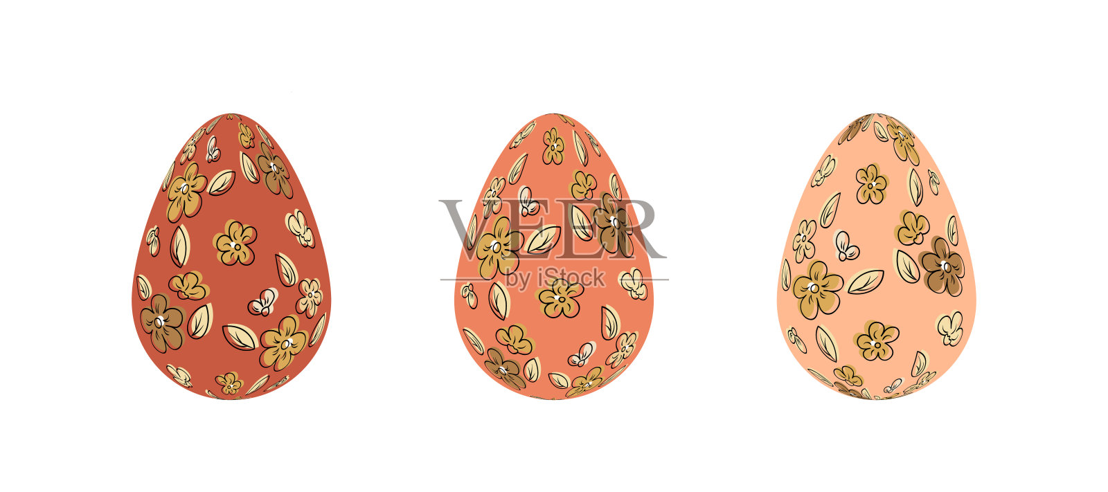 一组粉色的复活节彩蛋。这个系列用漂亮的手工花卉饰品装饰。孤立的白色背景。矢量图插画图片素材