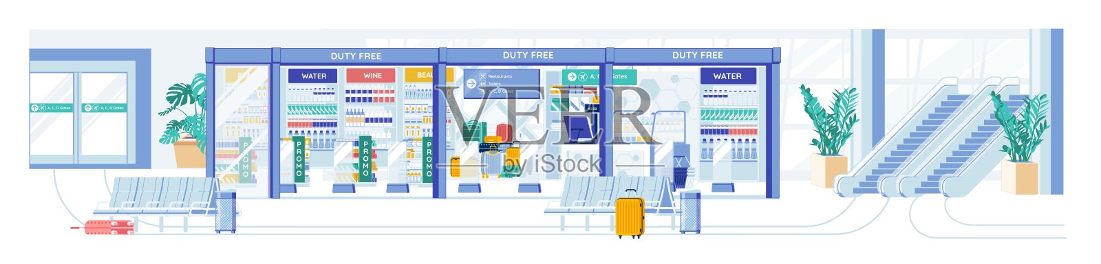 商业空港区，设有免税店。插画图片素材