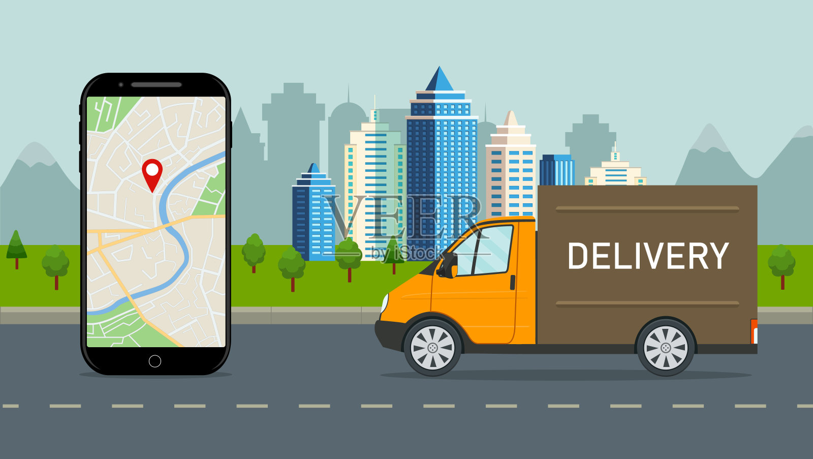 移动app在线配送卡车。城市货车物流路线。移动应用中的包裹运输。屏幕手机上的订单跟踪。货车在仓库里运送货物。向量。插画图片素材