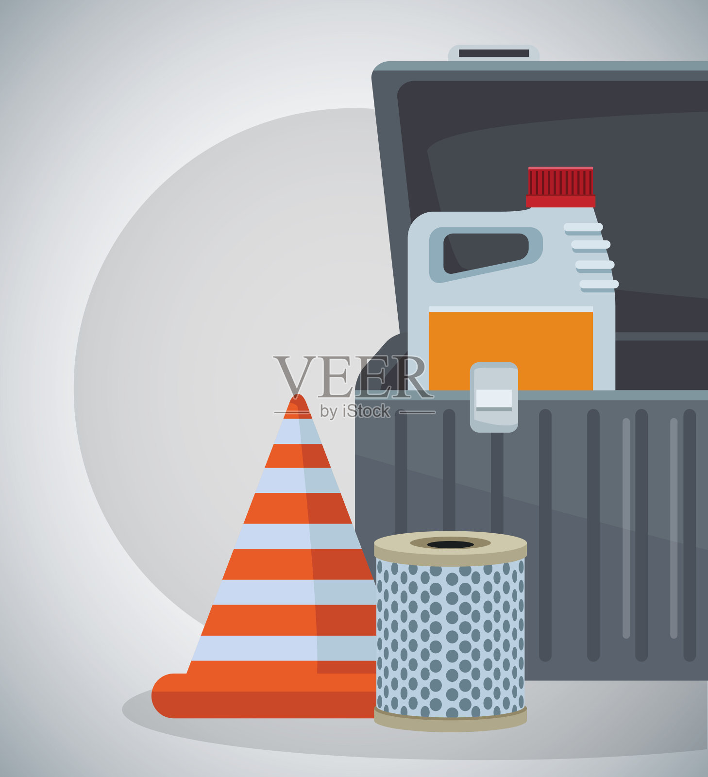 带空气过滤器的交通锥和带油瓶的工具箱插画图片素材