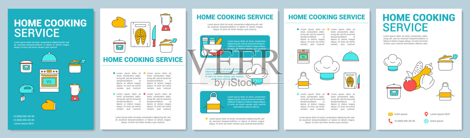 家庭烹饪服务手册模板布局。烹饪晚餐。传单，小册子，单张印刷设计与线性插图。私人厨师。矢量页面布局的年度报告，广告海报设计模板素材