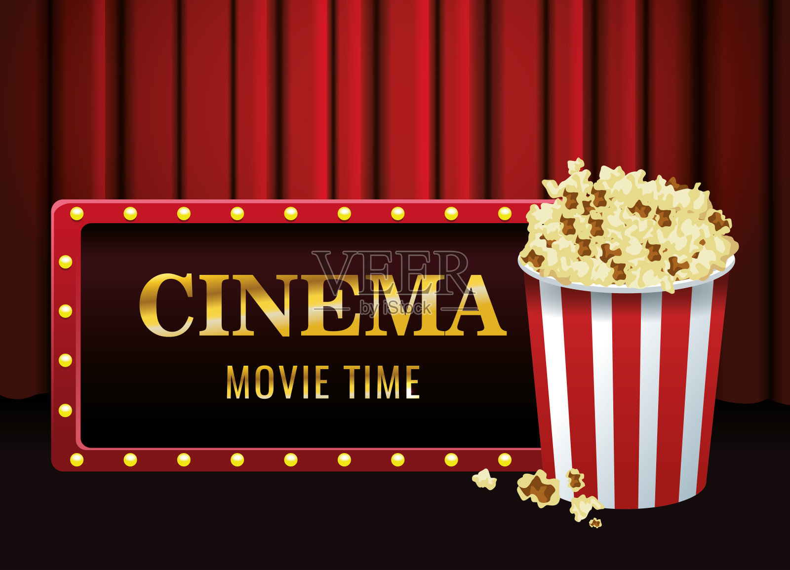 电影院横幅和爆米花桶，五颜六色的设计插画图片素材