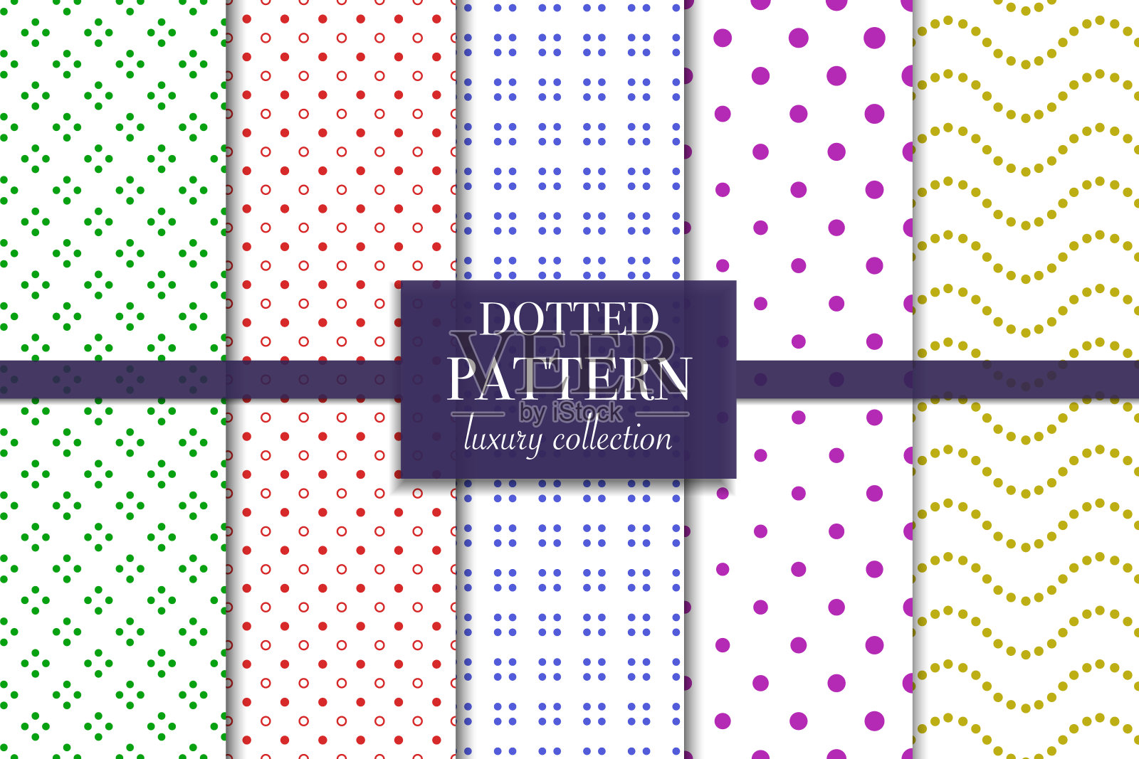 一组5抽象背景纹理。彩色圆点无缝图案。最小的圆点风格矢量插图墙纸，传单，封面，设计，打印，背景。重复圆形几何点缀、装饰元素插画图片素材