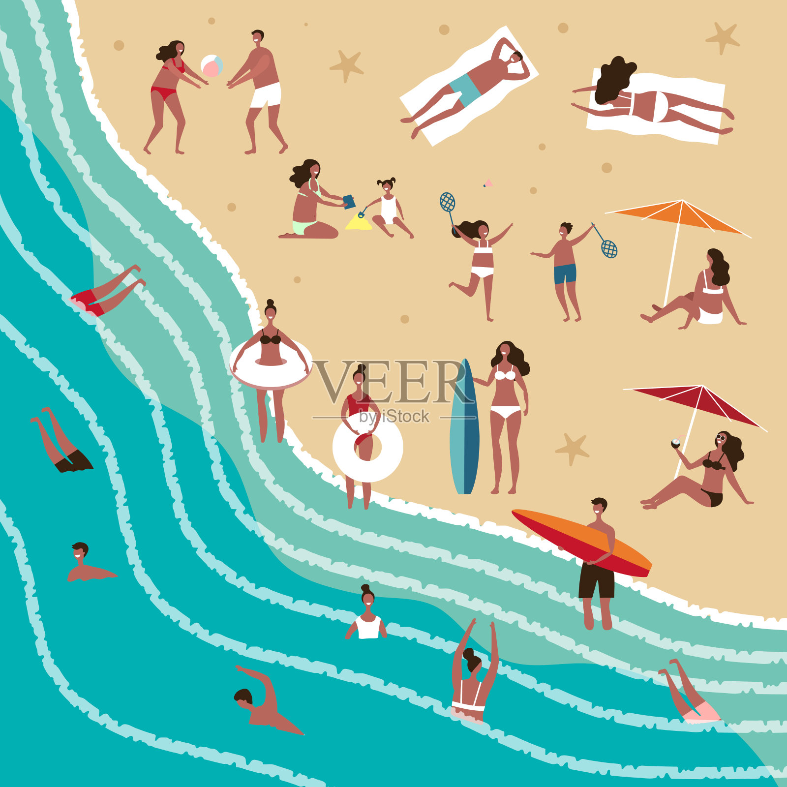 有趣的人们在夏天的海滩上玩耍插画图片素材