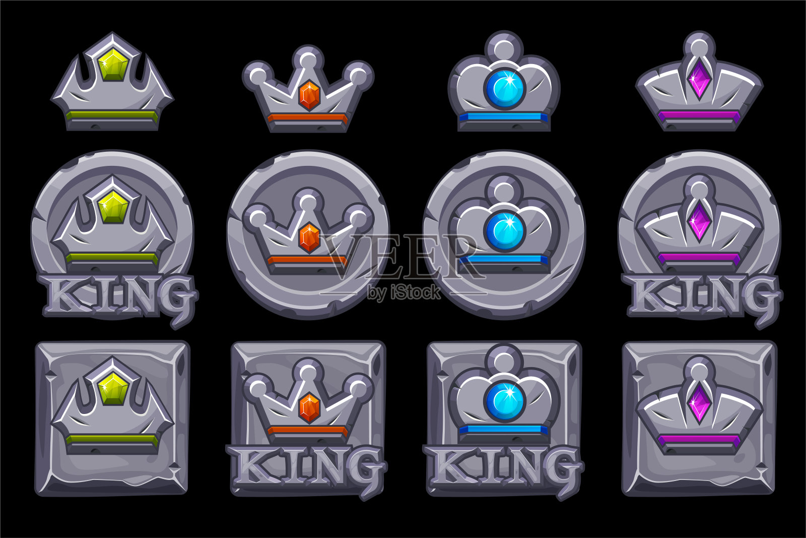 一组石头应用程序图标王冠和标志。图标素材