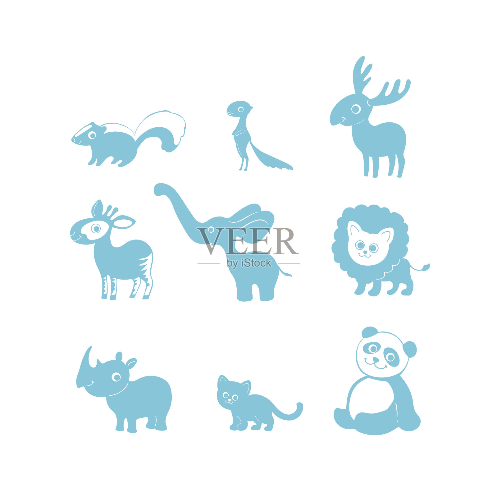 矢量插图，一套卡通可爱有趣的动物剪影。臭鼬，薛拉斯，麋鹿，霍加狓，大象，狮子，犀牛，猫，熊猫。幼儿园的照片。设计元素图片