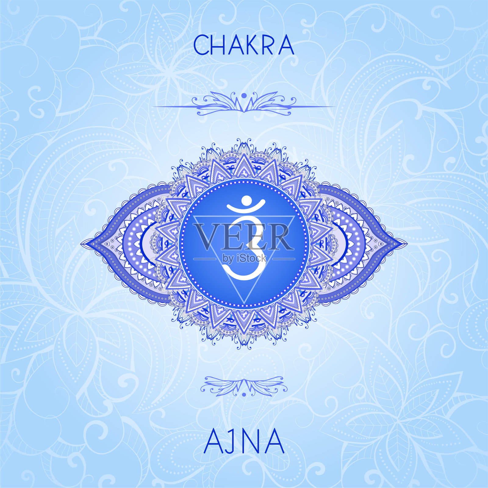 矢量插图与符号脉轮Ajna在装饰背景上。插画图片素材
