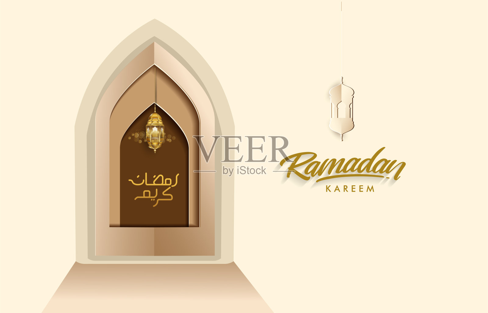 阿拉伯文灯笼和清真寺门，优雅的设计模板，文字贺卡和旗帜的位置为斋月卡里姆。插画图片素材