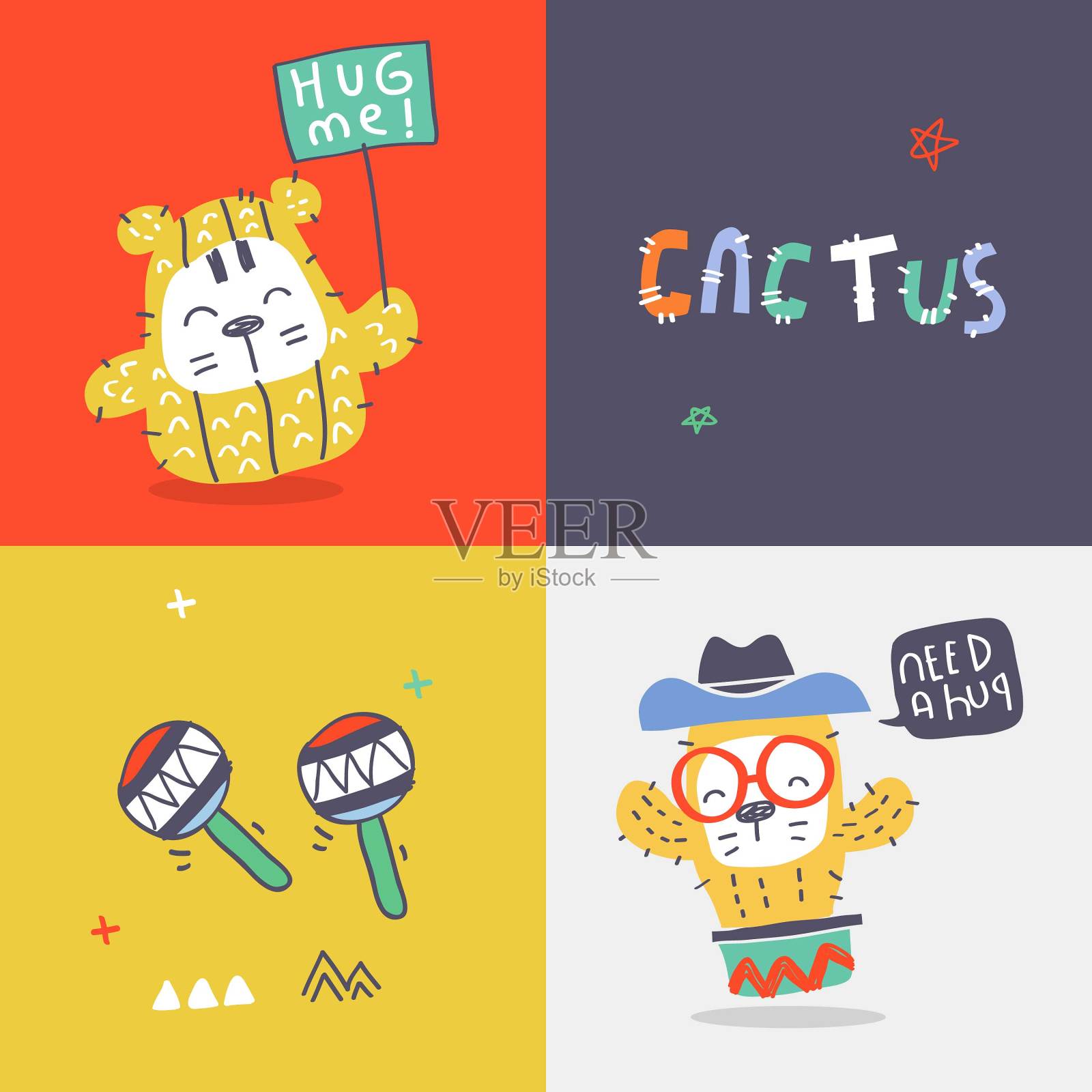 涂鸦可爱的猫和仙人掌卡通插图，设置向量插画图片素材