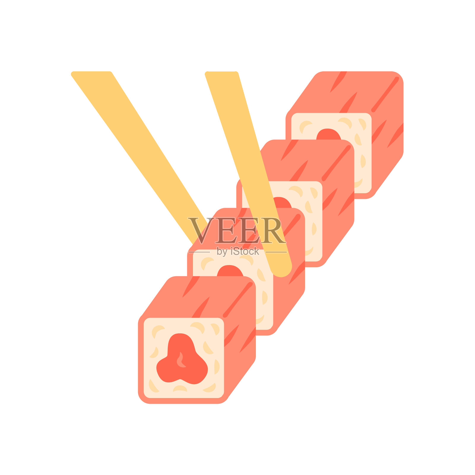 寿司套餐用筷子设计，长影子颜色图标。传统的日本食物，海鲜。亚洲美食。餐厅,咖啡厅的菜单。春卷，卷好的开胃菜。向量轮廓图插画图片素材