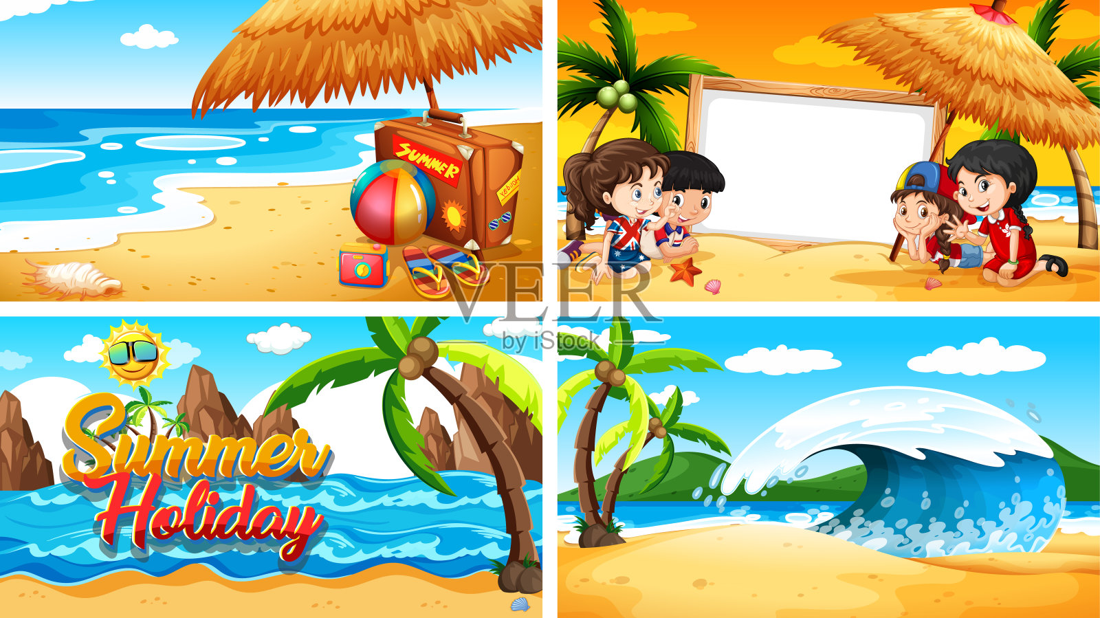 四个孩子在海滩上的背景场景插画图片素材