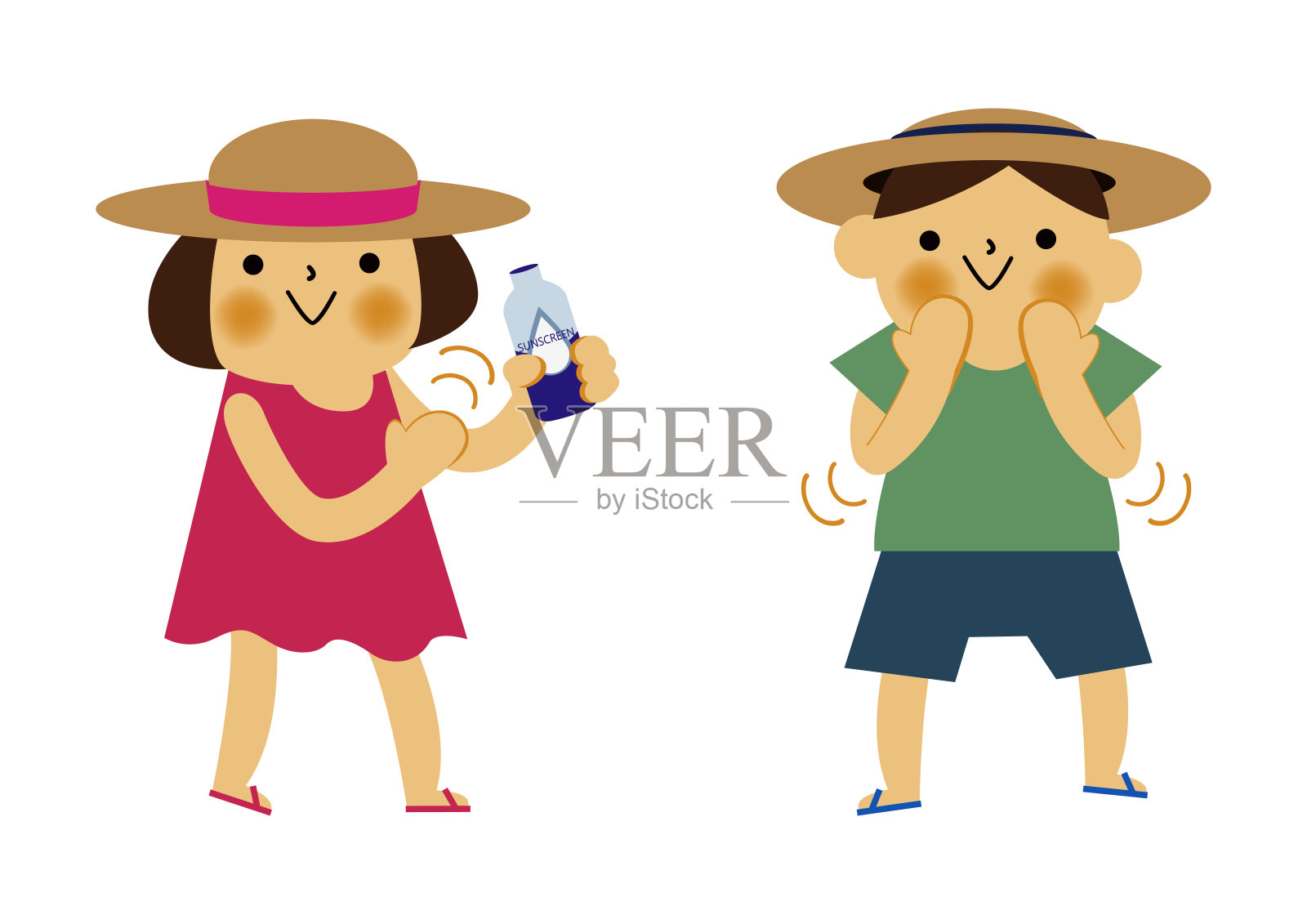 男孩和女孩，涂防晒霜。插画图片素材