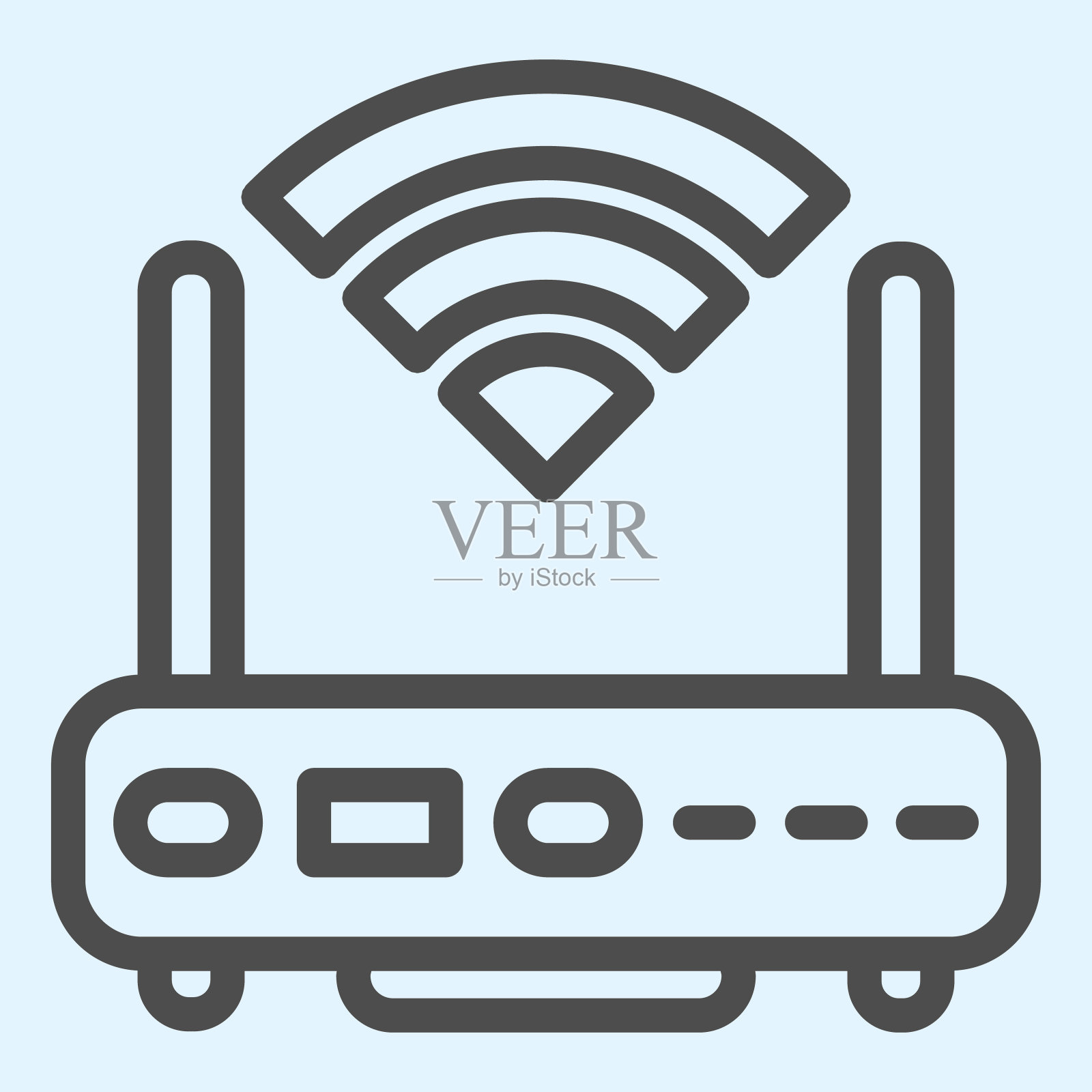 Wi-Fi路由器线路图标。带天线和信号覆盖标志的无线网络交换机。Horeca矢量设计概念，白色背景上的轮廓风格象形图，用于web和应用程序。Eps 10。插画图片素材
