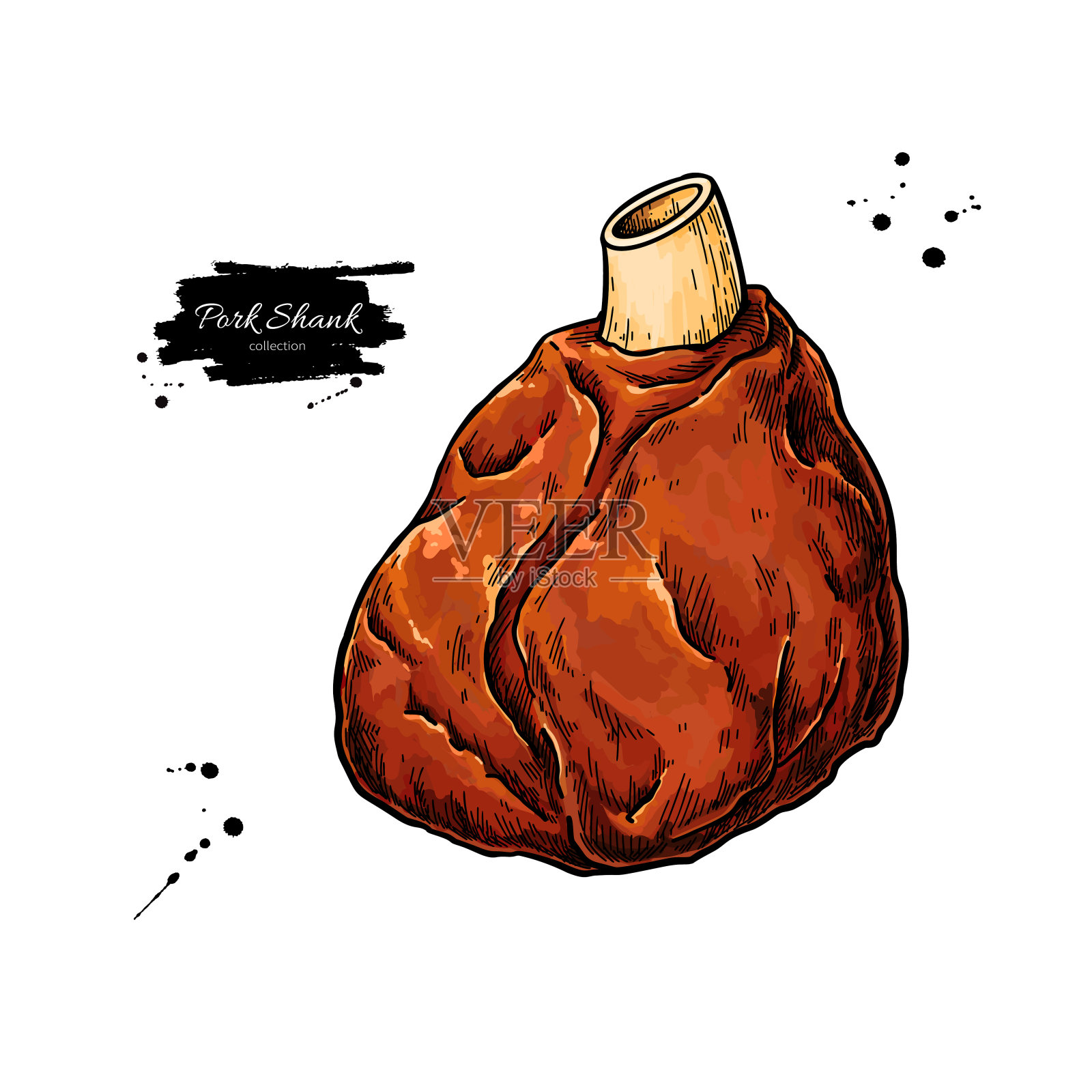 猪小腿矢量图。猪腿肉手绘素描。食品说明插画图片素材