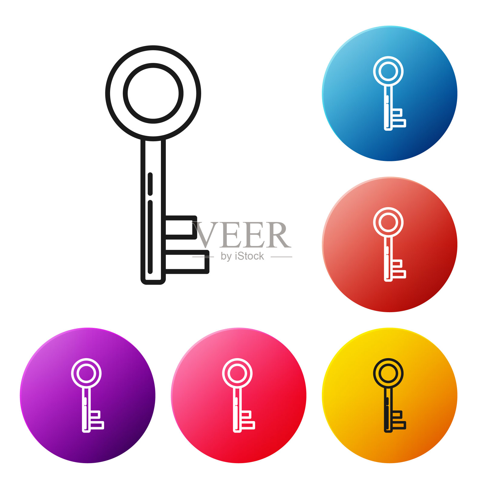 黑线键图标隔离在白色背景上。设置彩色圆形按钮图标。矢量图图标素材