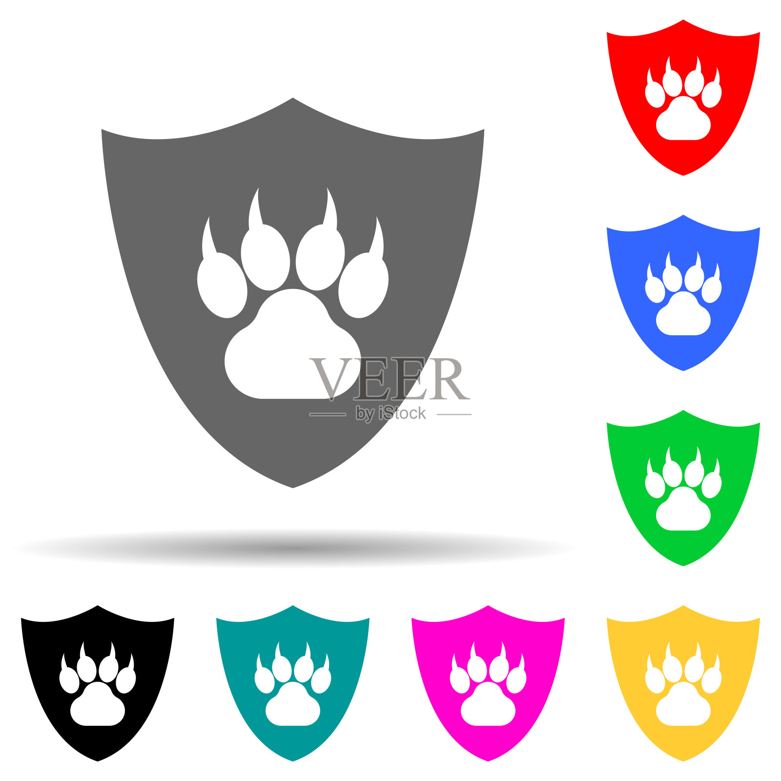 一个动物的足迹在盾的绿色多色风格图标。简单的字形，平面矢量绿色和平图标的用户界面和用户体验，网站或移动应用程序插画图片素材