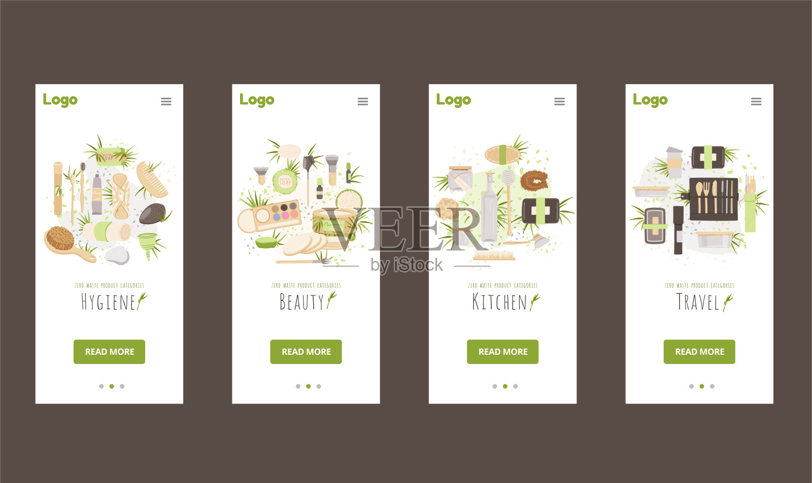 零废物生态产品类别矢量插图-旅游产品，美容和卫生，厨房和家庭，家庭清洁产品可重复使用，回收商品。插画图片素材