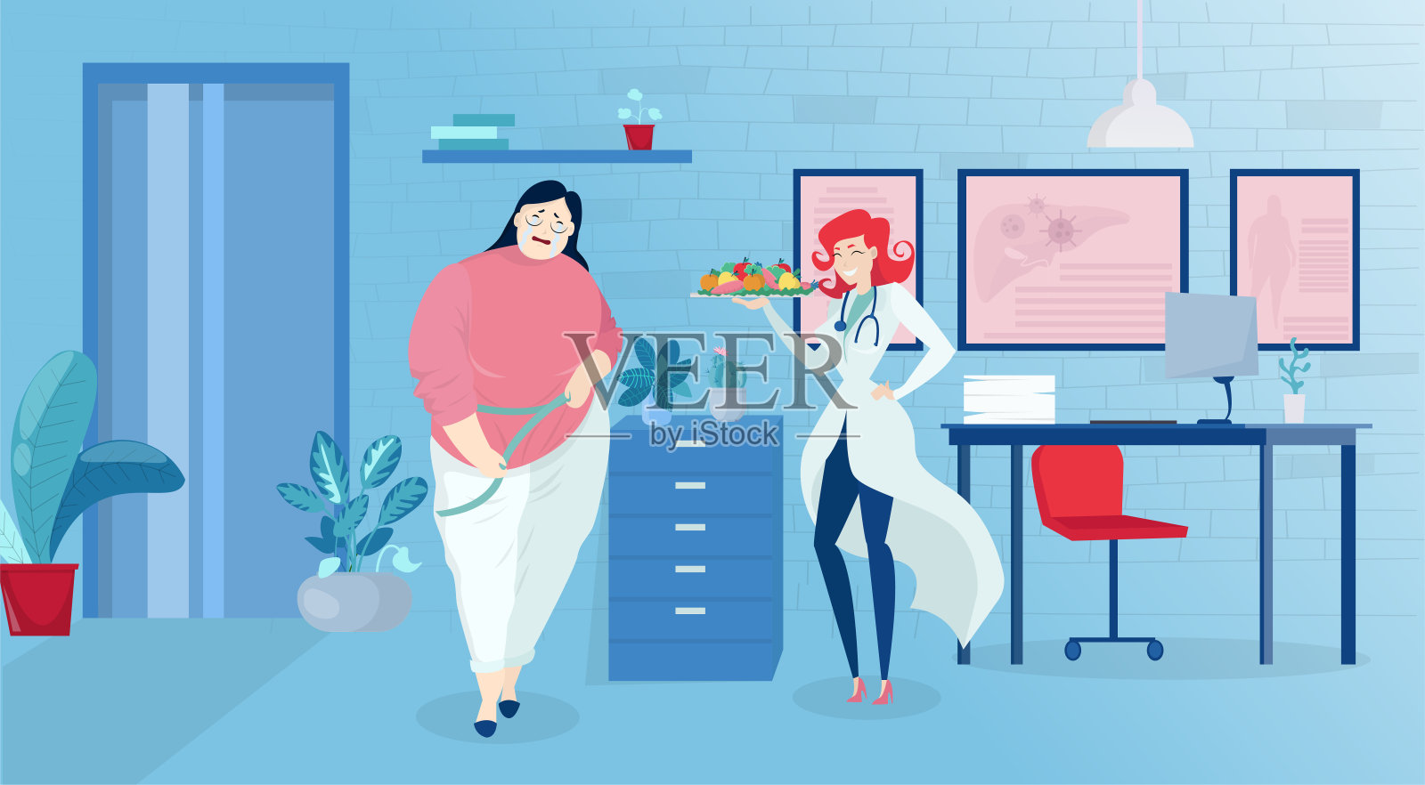 矢量医生营养学家提供饮食改变一个悲伤的肥胖妇女测量腰围在诊所的办公室插画图片素材