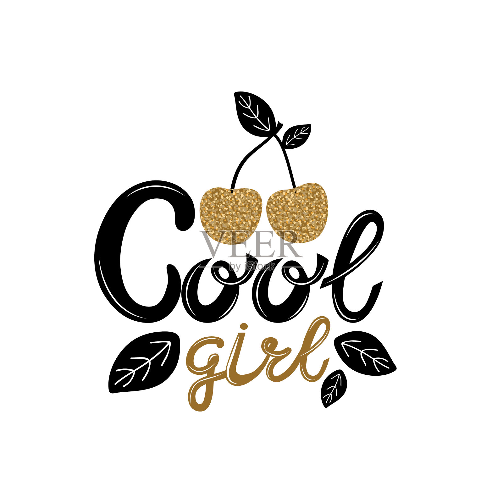 酷女孩平手绘字母。金色樱桃和树叶的彩色标语。女孩的贺卡，贴纸，横幅。现代的毛笔书法。矢量插图。时尚印花。服装设计插画图片素材