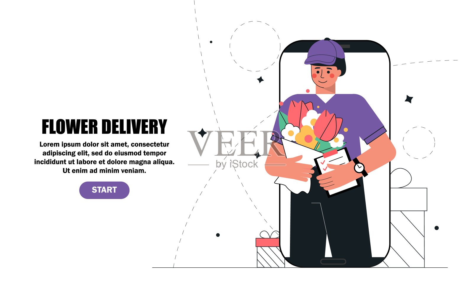 快递员，快递员在智能手机屏幕上为客户拿着订花捧花。在网上订购鲜花和礼品或在网上申请的经营理念。设计模板素材