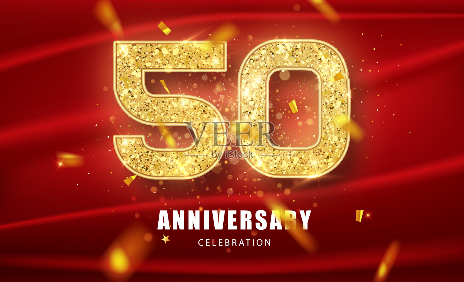 50周年庆典。金色的数字和闪闪发光的纸屑。向量喜庆的插图。逼真的派对活动装饰。插画图片素材