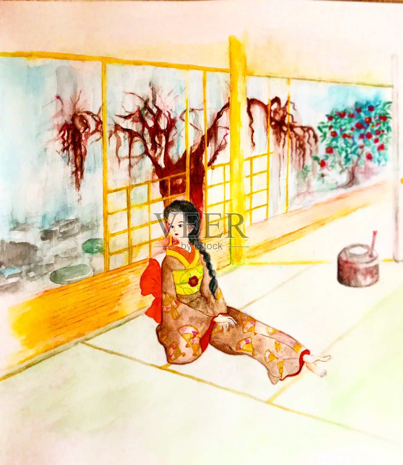 一个女孩在等待春天插画图片素材