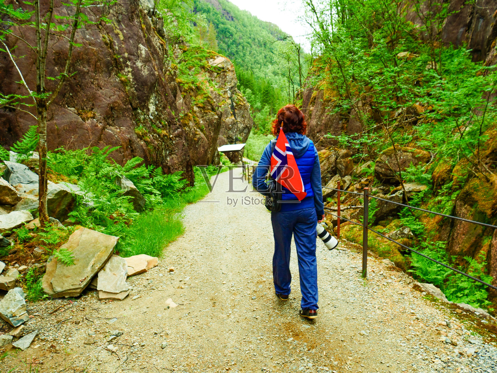 在山路上挥舞挪威国旗的游客照片摄影图片