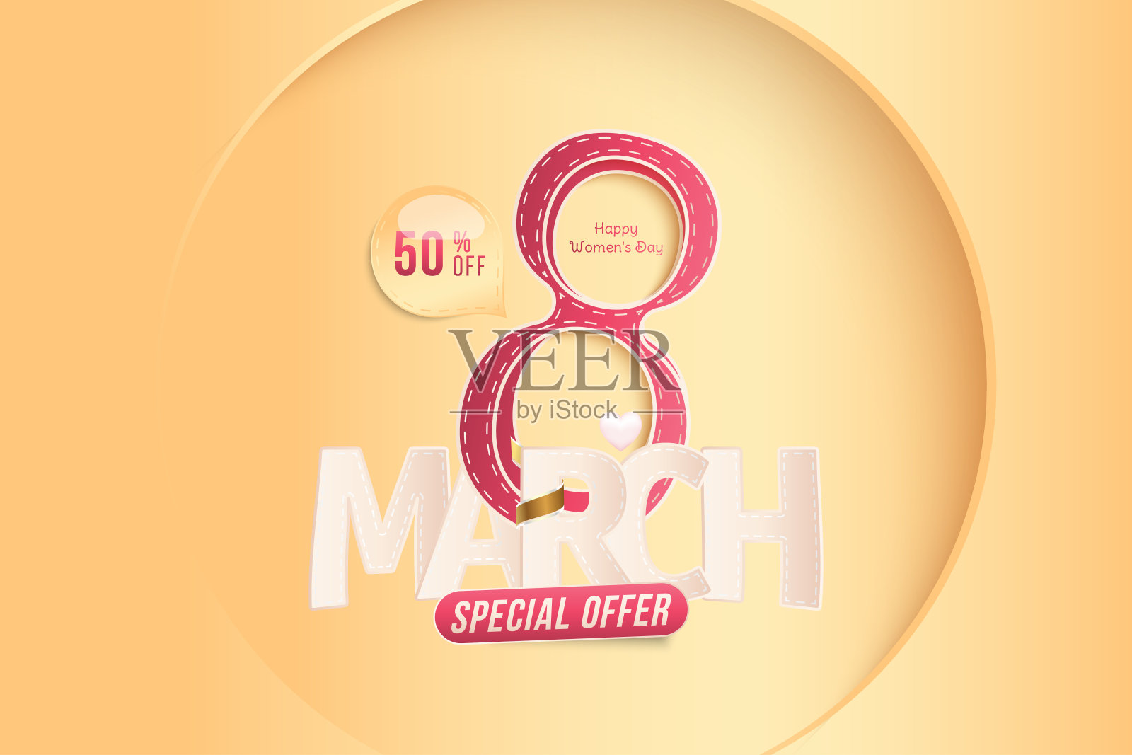 3月8日国际妇女节。超级大减价，50%优惠。贺卡上闪烁着金光，金色的丝带和八字。平面矢量插图EPS10设计元素图片