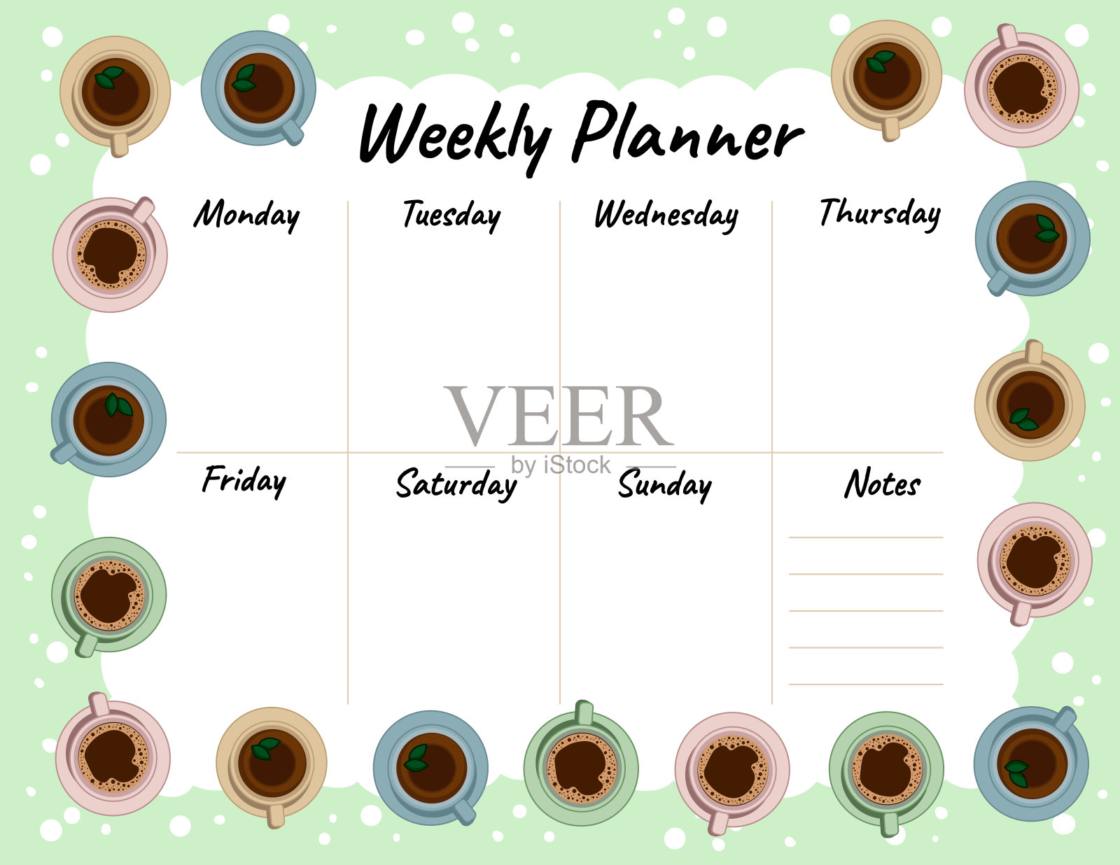茶和咖啡杯每周计划和做清单。早上在咖啡馆或餐厅吃早餐。舒适的lagom斯堪的纳维亚风格的议程，规划者，检查表，和固定模板插画图片素材