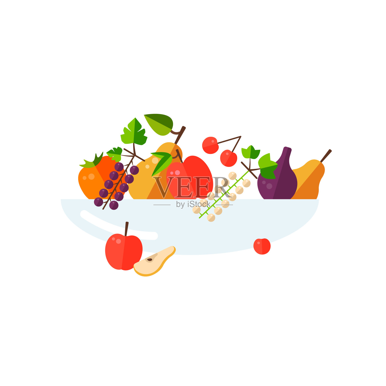 扁平风格的图标，苹果，葡萄，金醋栗，樱桃，无花果，梨，柿子。插画图片素材