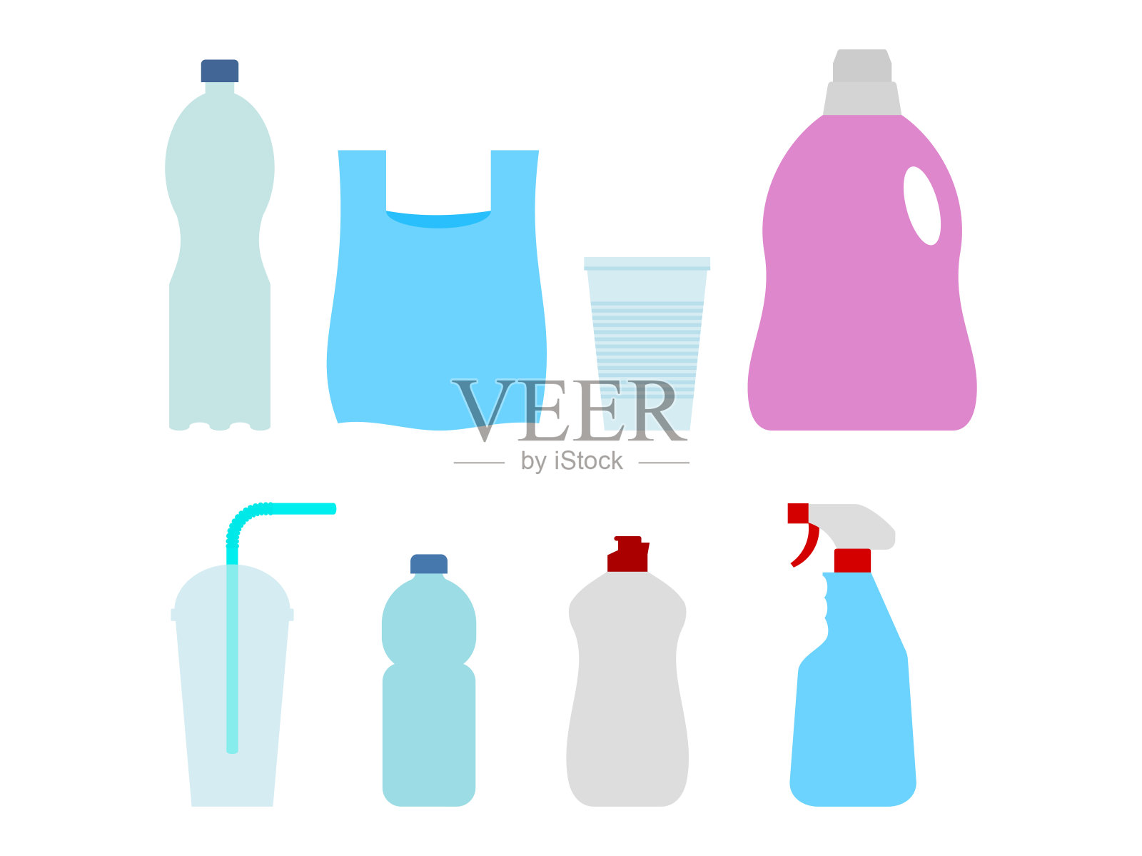 适合回收利用的塑料废物。一套不同的塑料物品。塑料瓶、袋、杯、玻璃、包装。孤立在白色背景上。矢量插图，平面风格。插画图片素材