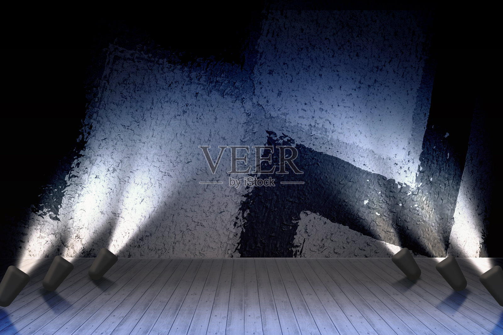 房间内部复古，白色砖墙和木地板背景。白色混凝土墙和白色木地板。空的明亮的室内。3 d渲染。照片摄影图片