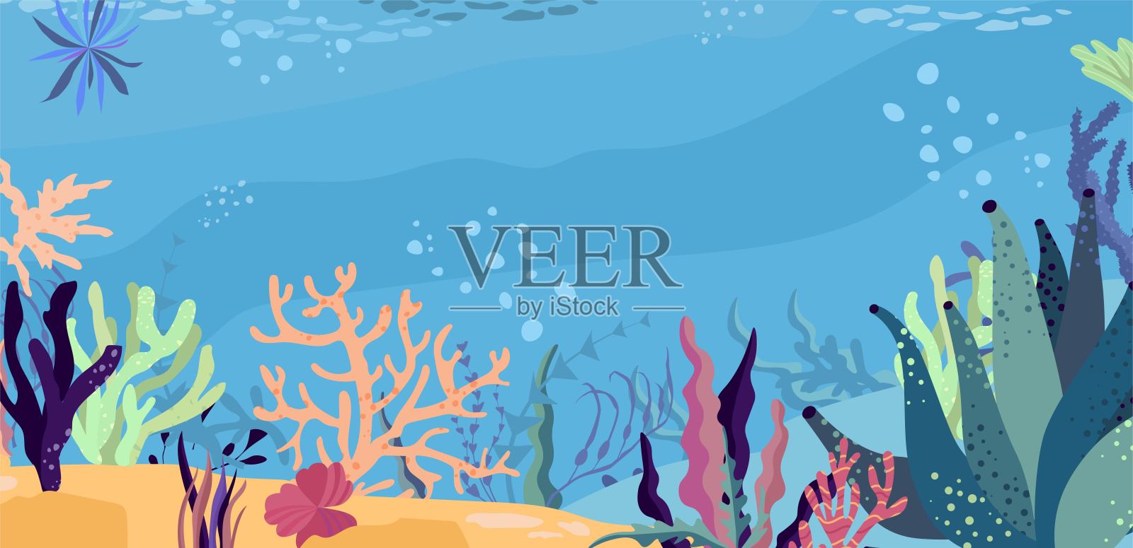 海洋中的水下世界。珊瑚礁，热带海底的动物群。平面卡通矢量插图。插画图片素材