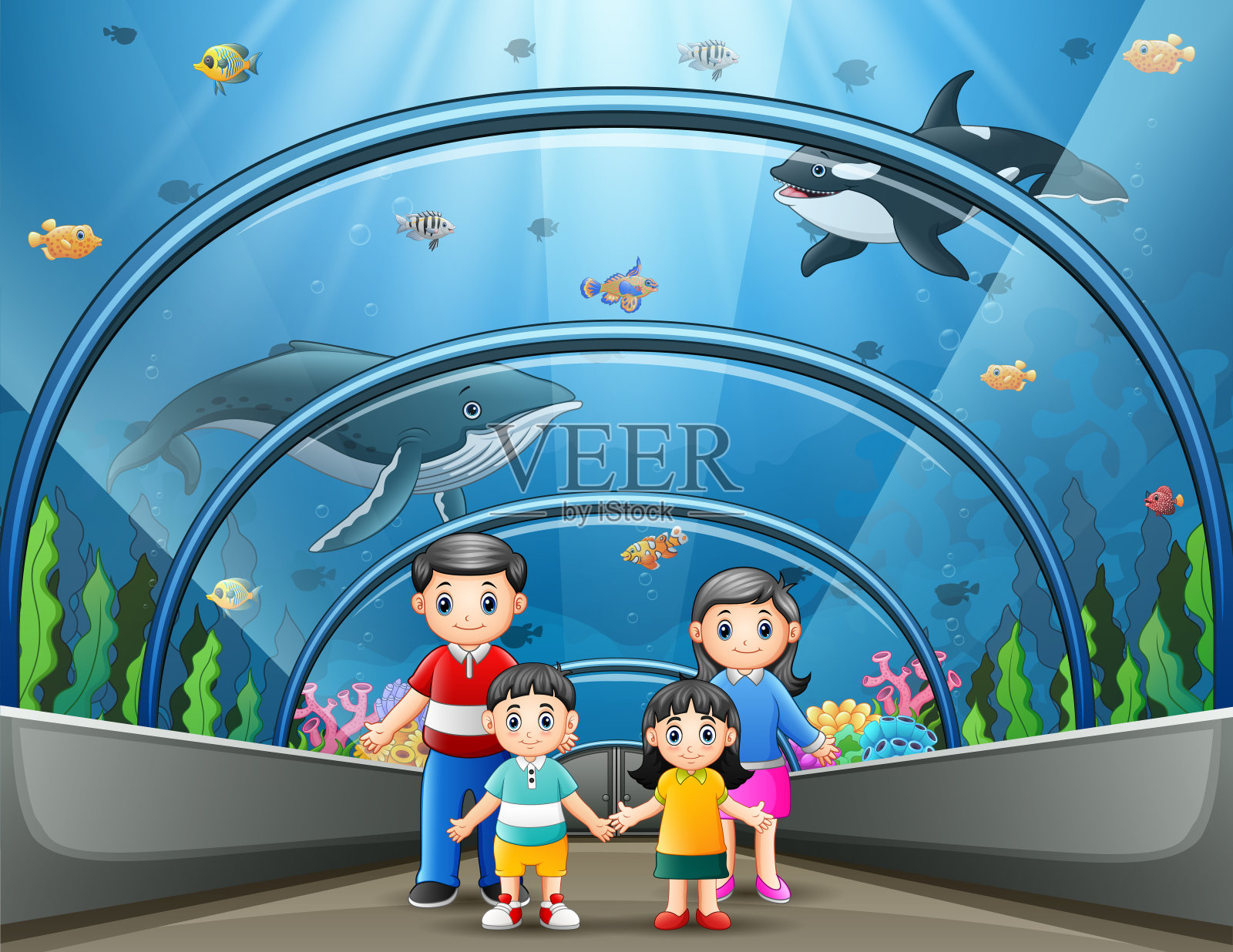 一个幸福的家庭在海洋水族馆插画图片素材