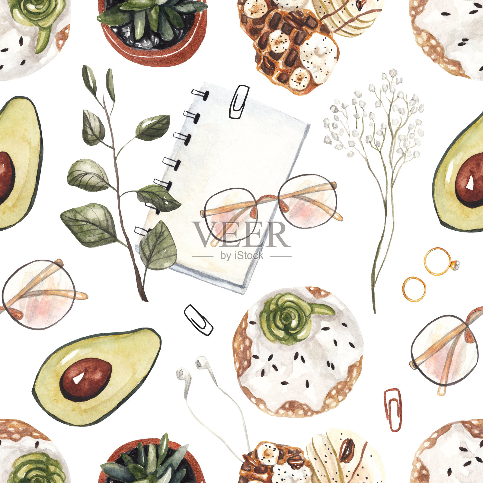 温馨的早餐。无缝的水彩模式插画图片素材