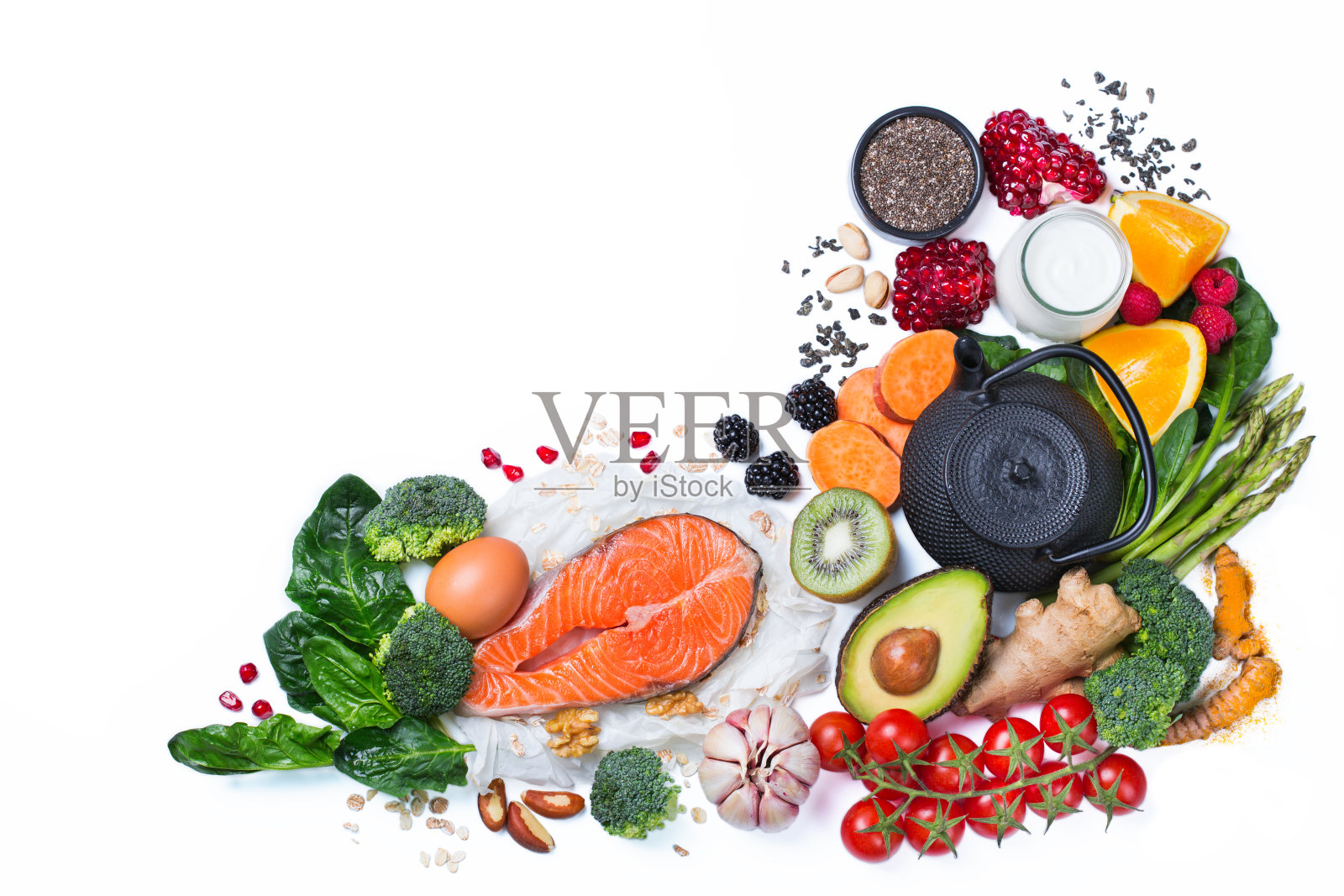 各种各样的健康食品，超级食物配料烹饪在桌子上照片摄影图片