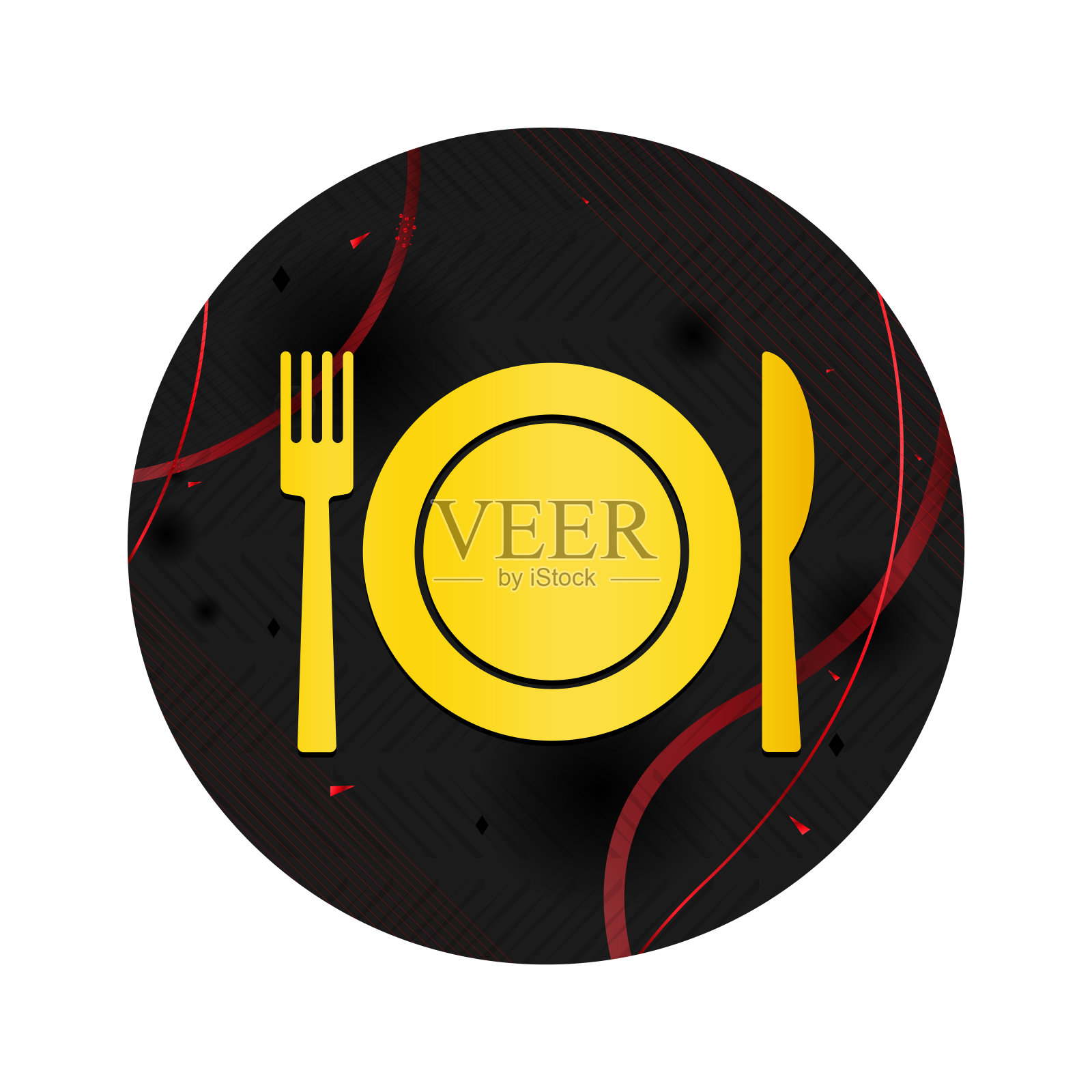 餐盘上有优雅的刀叉图标，黑色圆形按钮插画图片素材