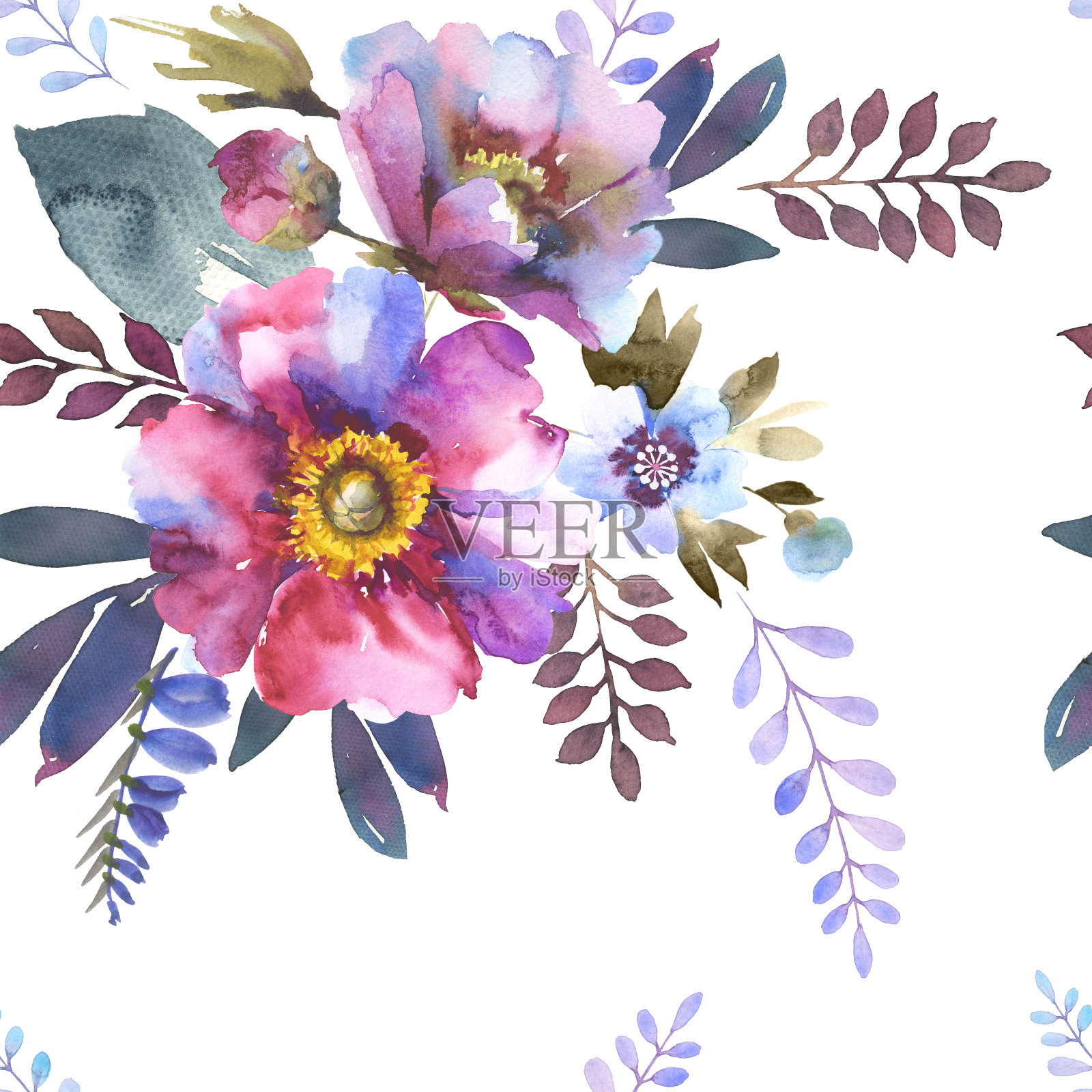 牡丹花园。古董。大的粉红色和绿松石花和蓝绿色的叶子。无缝水彩图案的白色背景明信片，纺织品设计，衣服，墙纸，包装，家居装饰插画图片素材