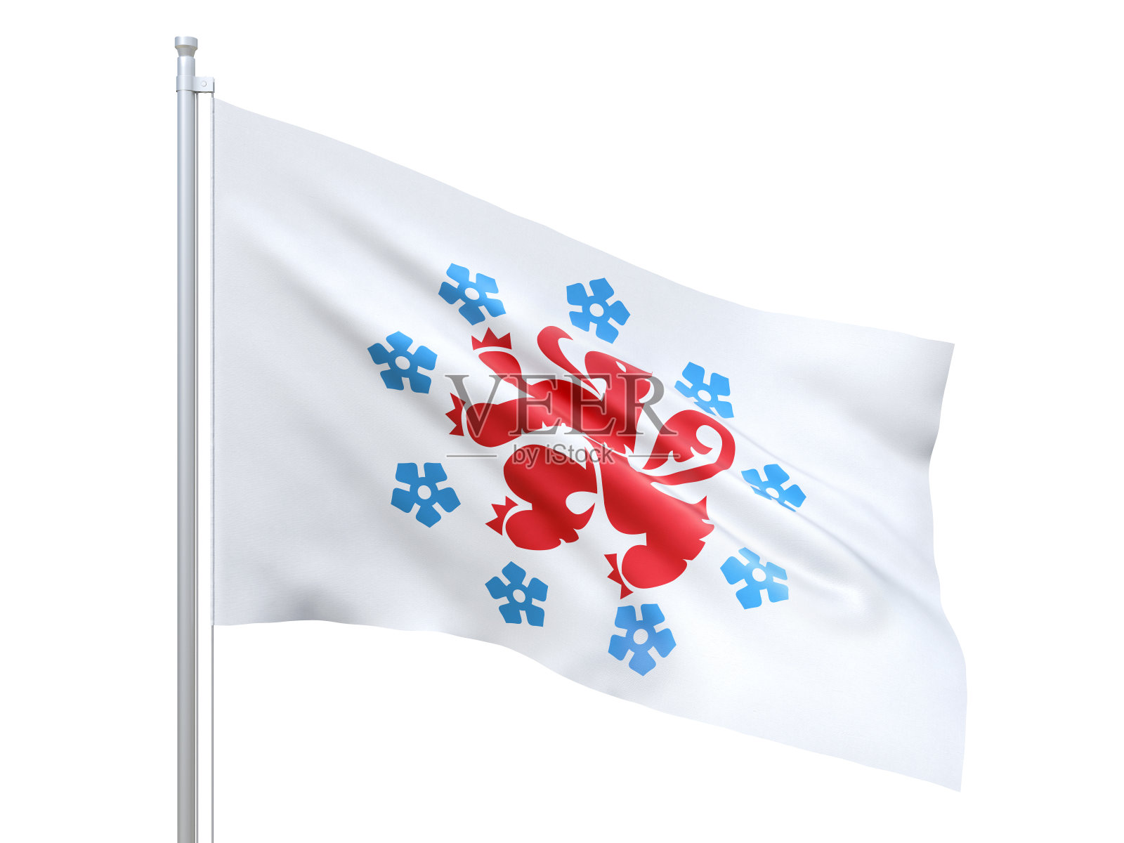 白色背景上飘扬着德国(比利时共同体)国旗，靠近，孤立。三维渲染照片摄影图片