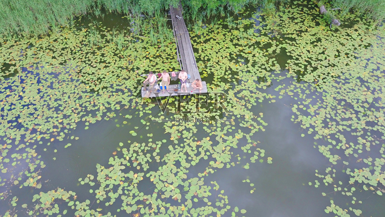 鸟瞰图的睡莲在一个黑色的水湖从上面看。几个人在码头钓鱼。照片摄影图片