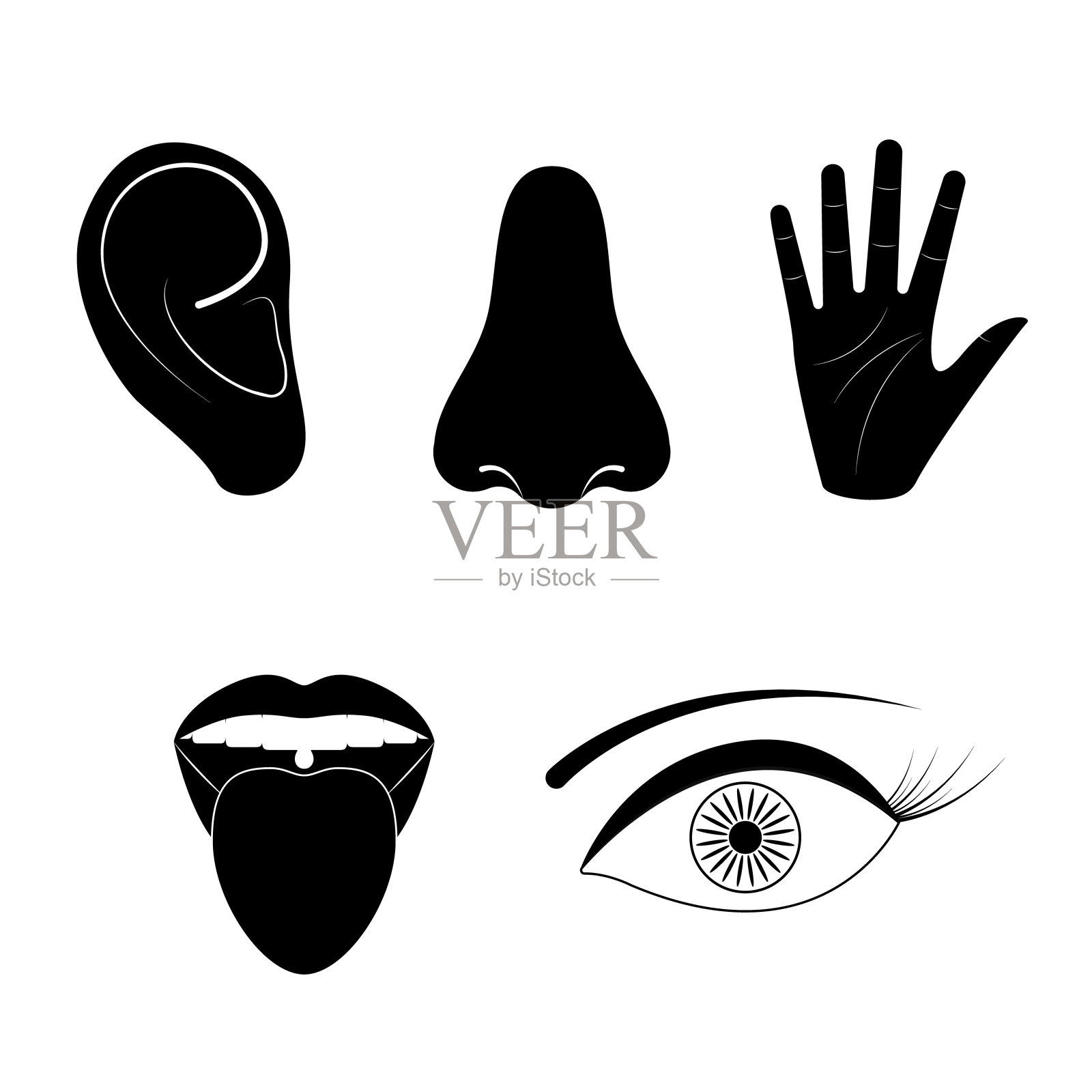 卡通剪影黑色人类感官标志图标集。向量插画图片素材