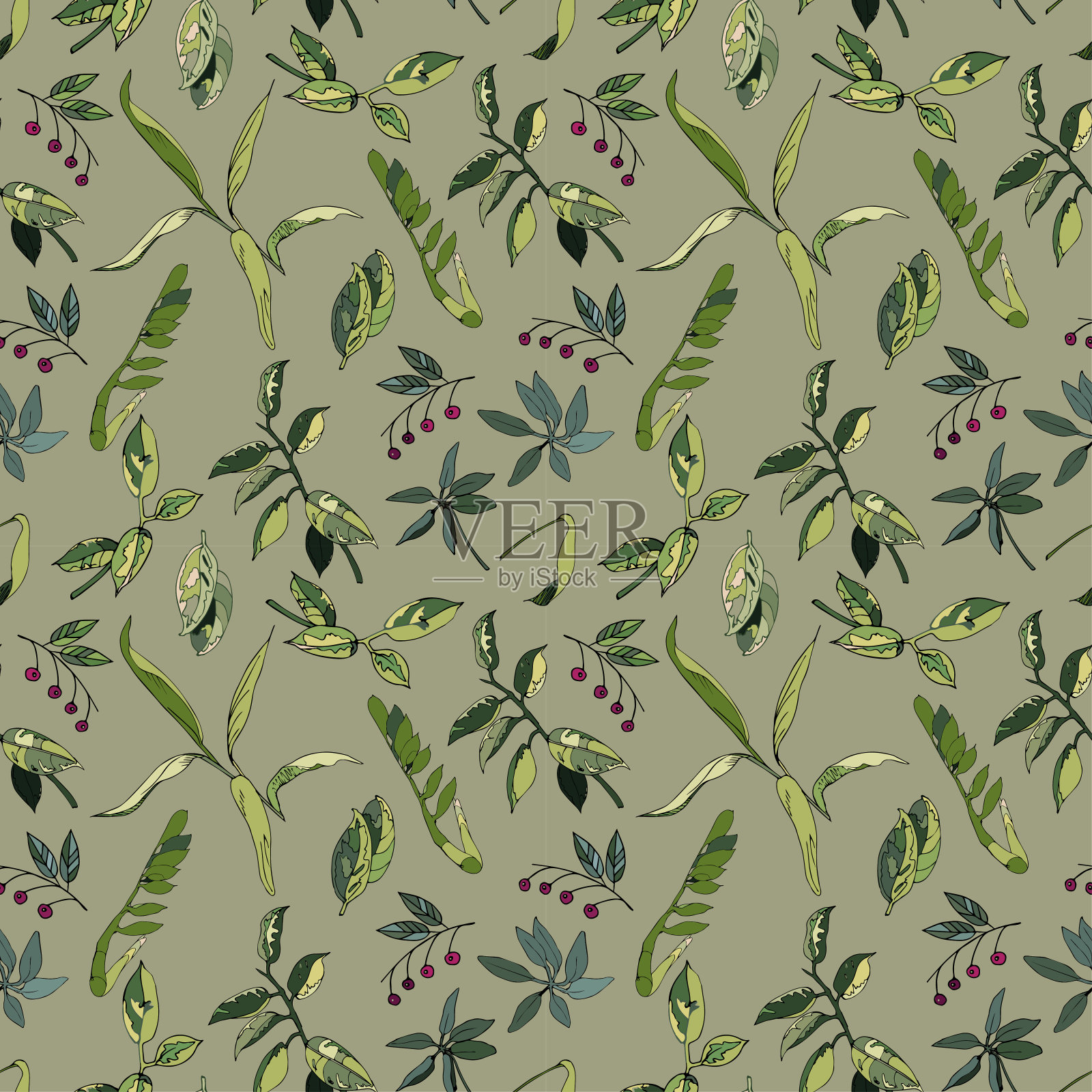 矢量无缝花卉背景与不同的热带叶室内植物。无花果叶，花叶，卡通风格，轮廓，壁纸设计，迷彩布图案，绿色插画图片素材