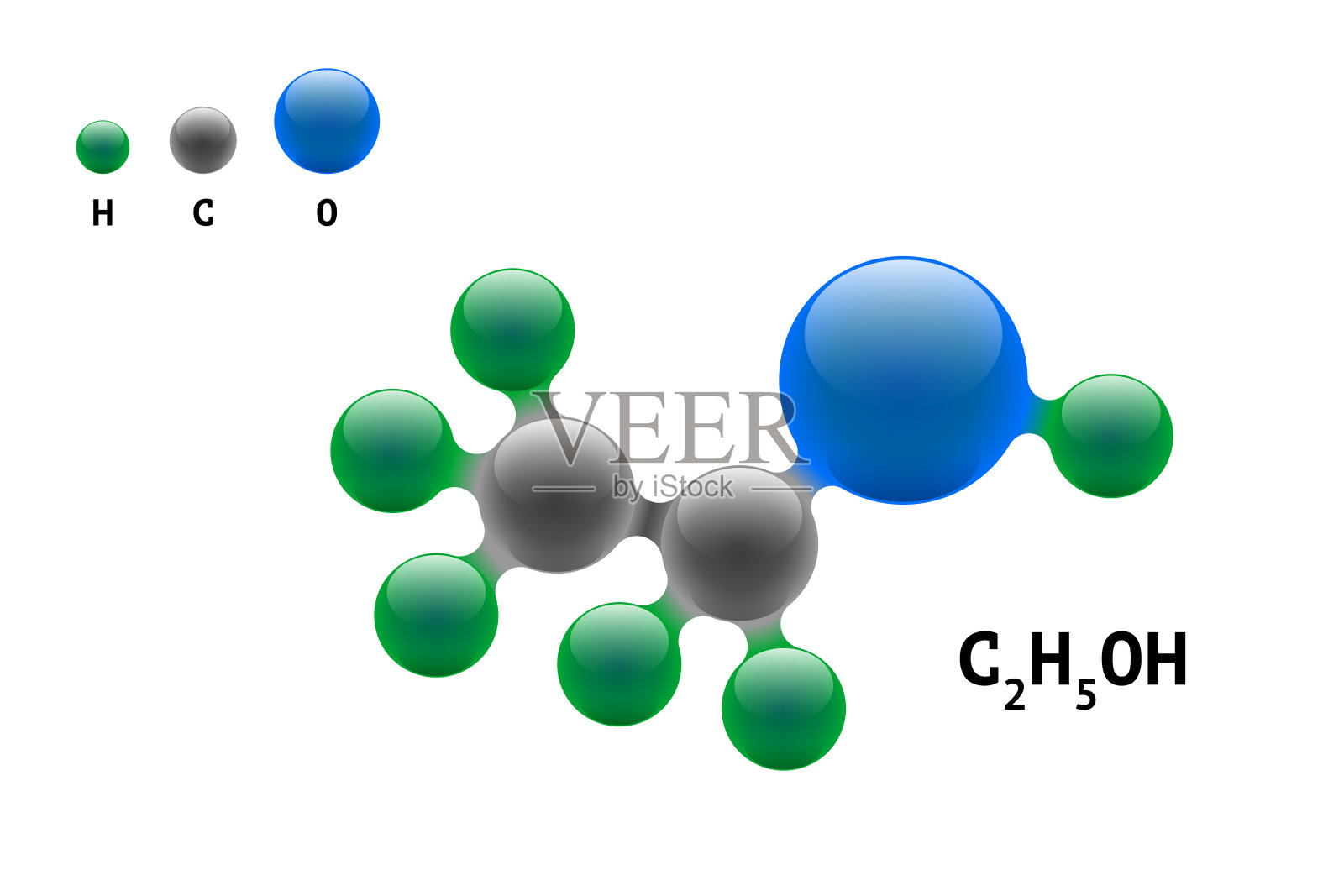 化学模型分子乙醇C2H5OH科学元素式。集成粒子天然无机3d醇分子结构化合物。碳，氧和氢原子矢量球插画图片素材