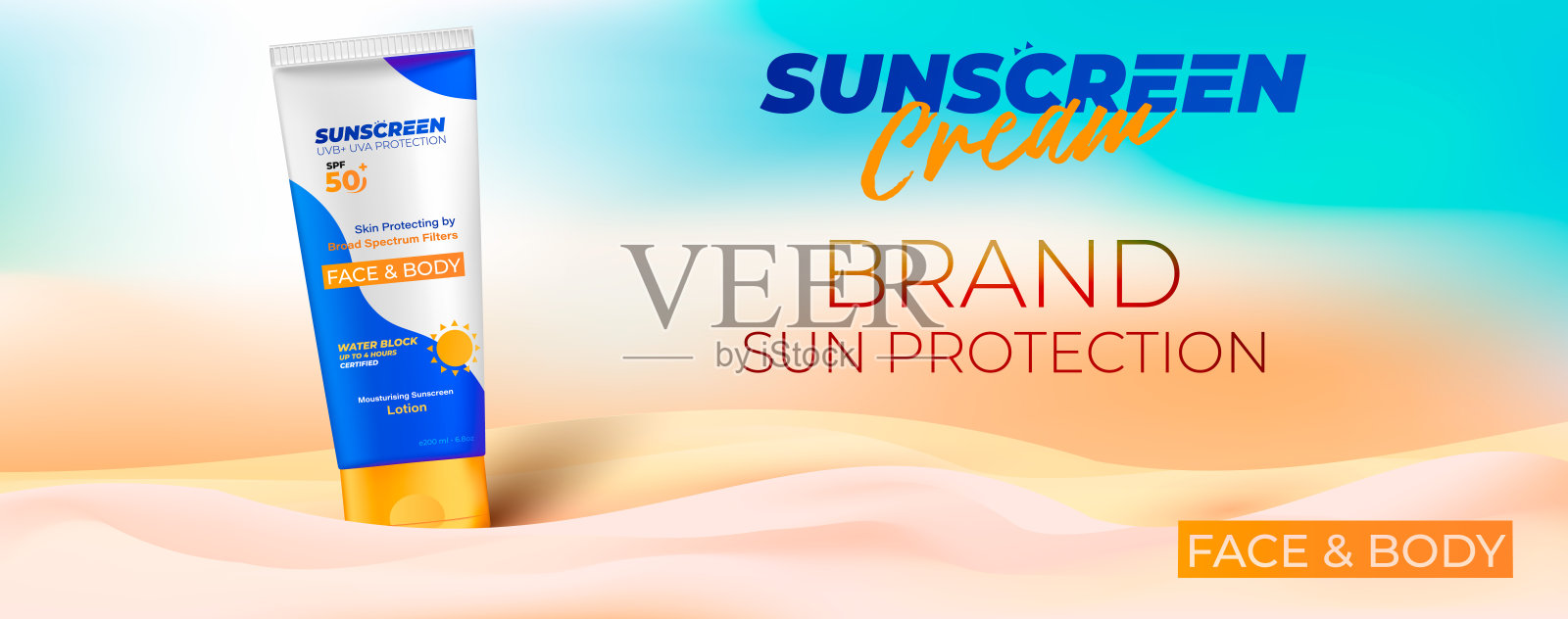 防晒霜水平广告横幅。防晒海报与逼真的3d化妆管。插画图片素材