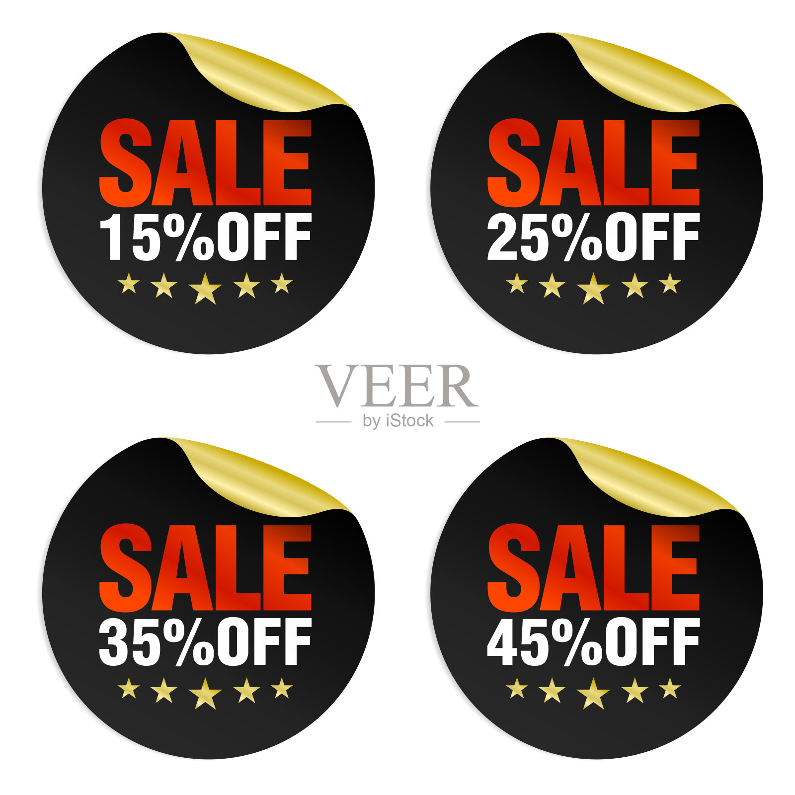 黑色促销贴纸，15%，25%，35%，45%的星星折扣设计元素图片