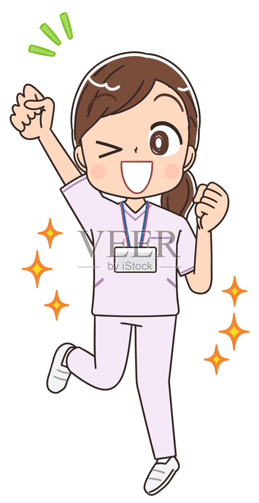 穿着白色制服的年轻女护士。她有积极的情绪。设计元素图片