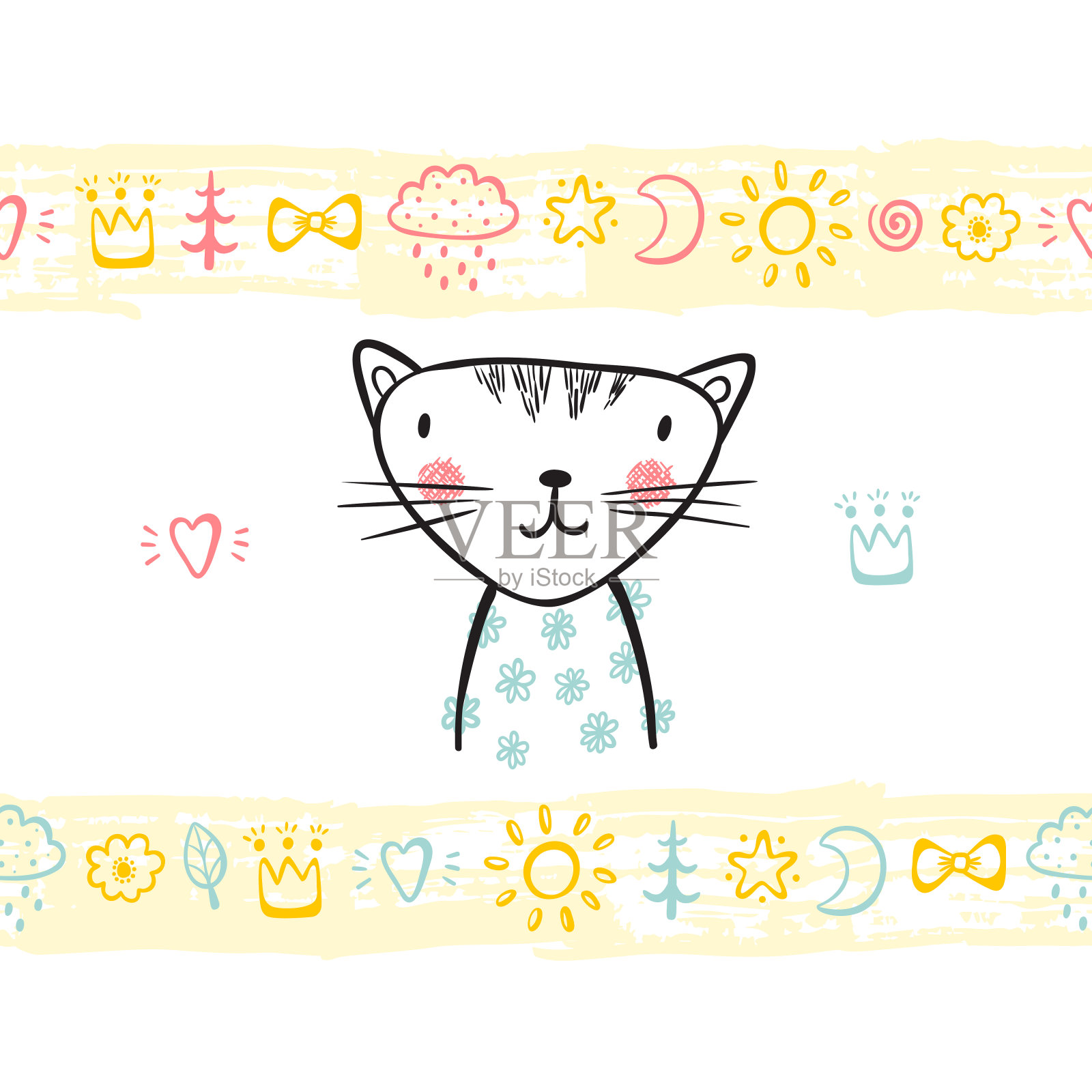 t恤印花设计的孩子手绘涂鸦可爱的婴儿猫和画笔笔触无缝水平边界与玩具。婴儿洗澡卡。卡通动物矢量插图插画图片素材