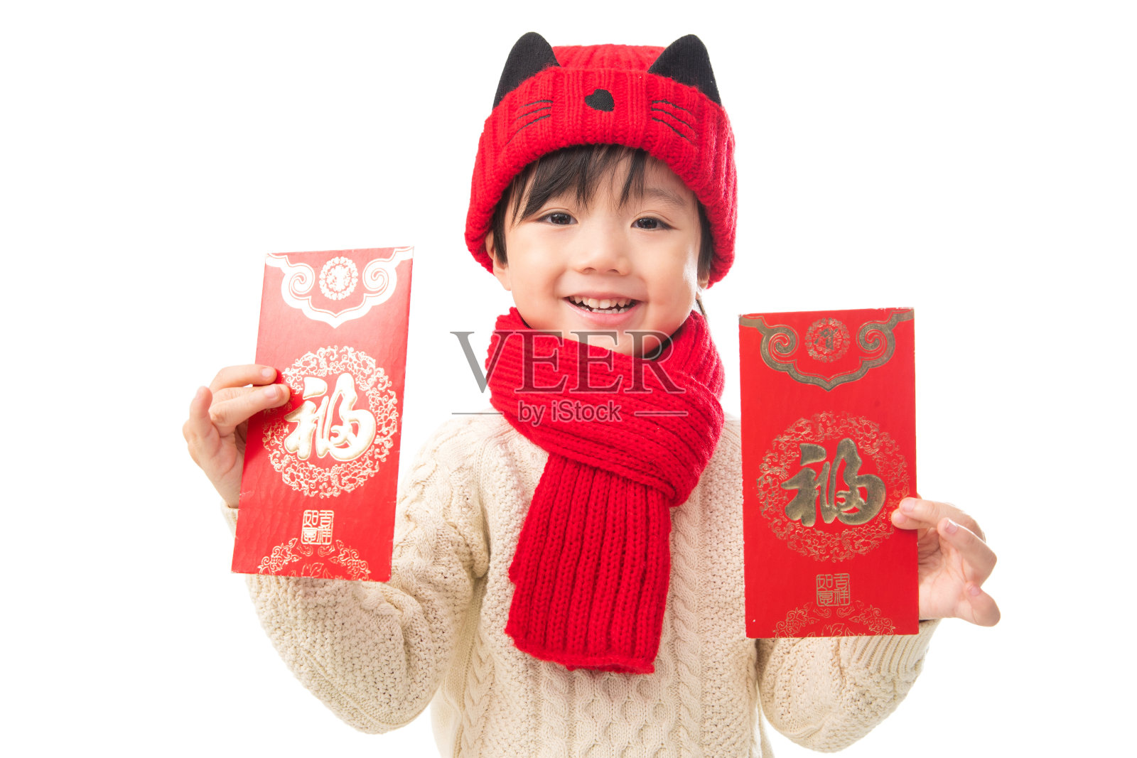 可爱的小男孩过年拿红包照片摄影图片