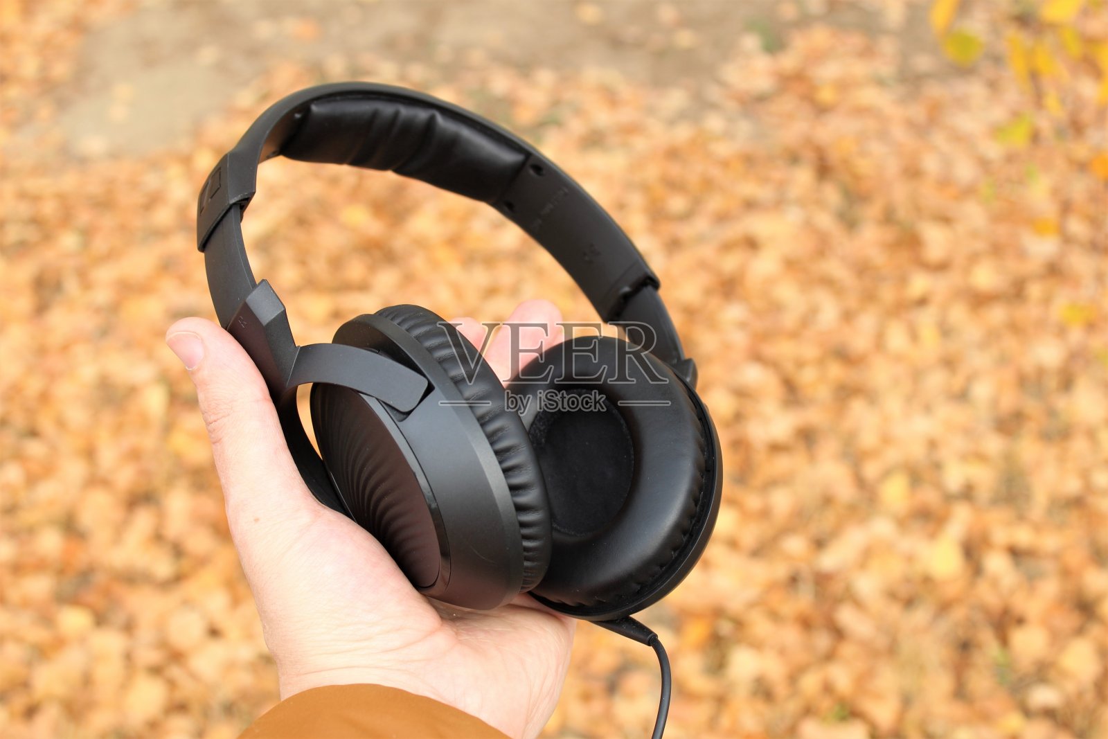 黑色耳机在男性手中自然。照片摄影图片